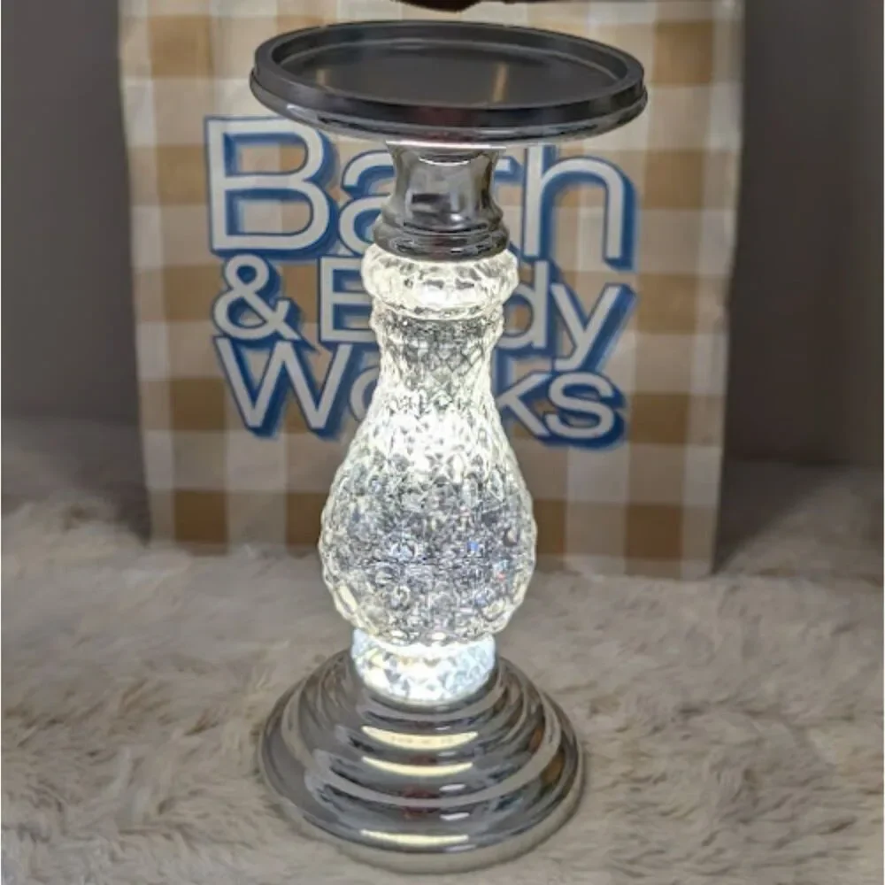 Bath & Body Works Silver LED Swirling Glitter Pedestal 3 Wick Candle Holder - Picture 1 of 7